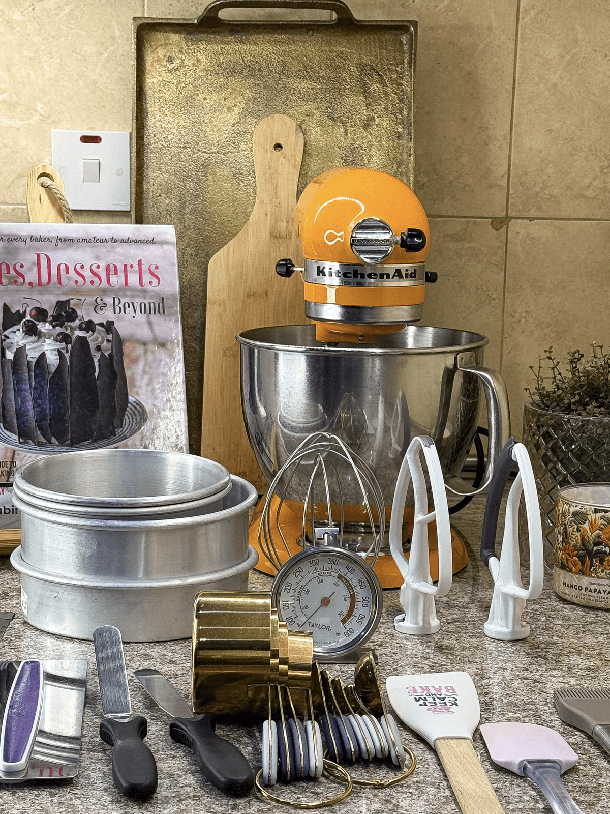 A flat lay of my essential baking tools neatly arranged.