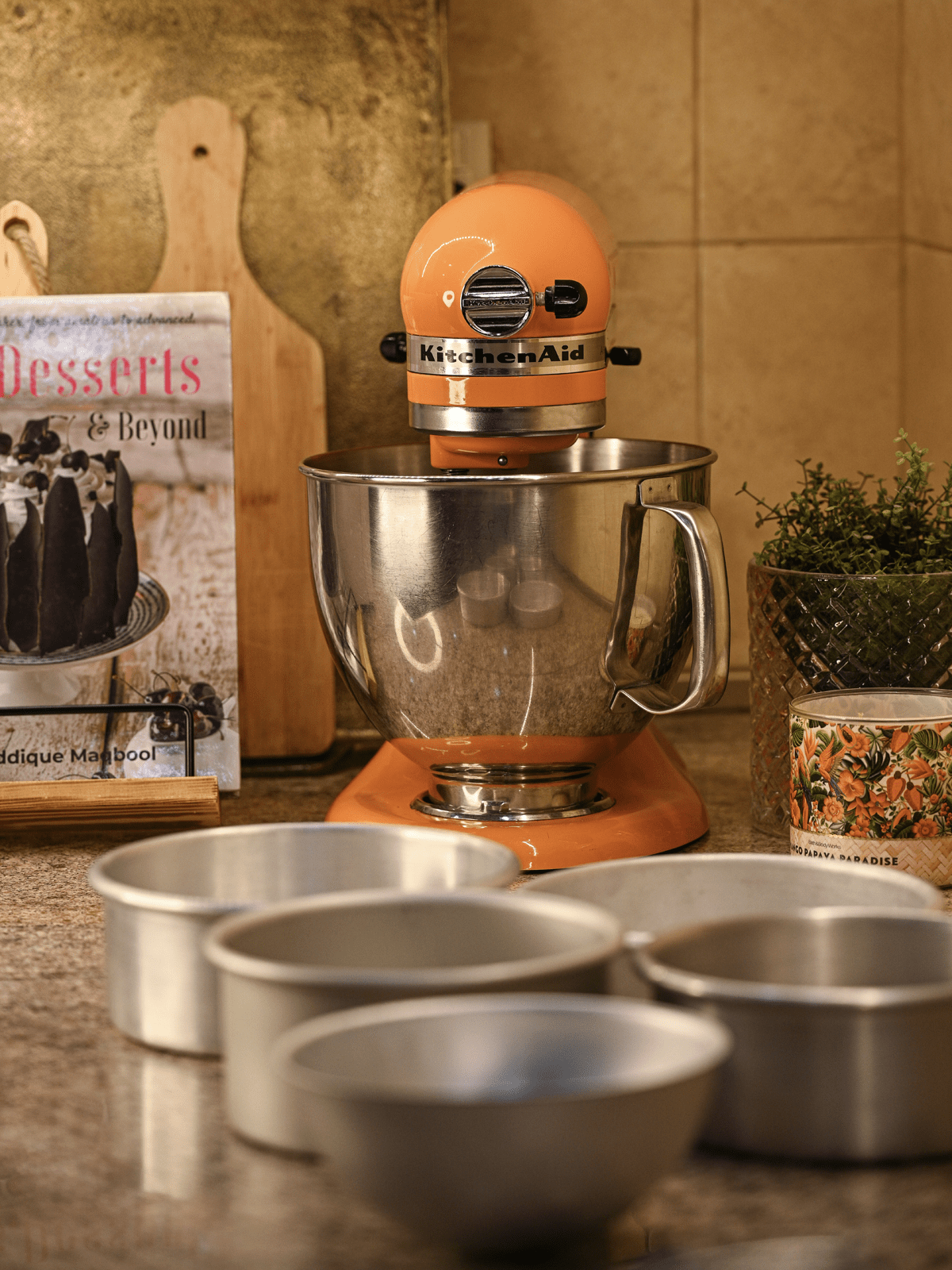 A shot of my kitchen on a busy baking day, with baking pans on the counter.